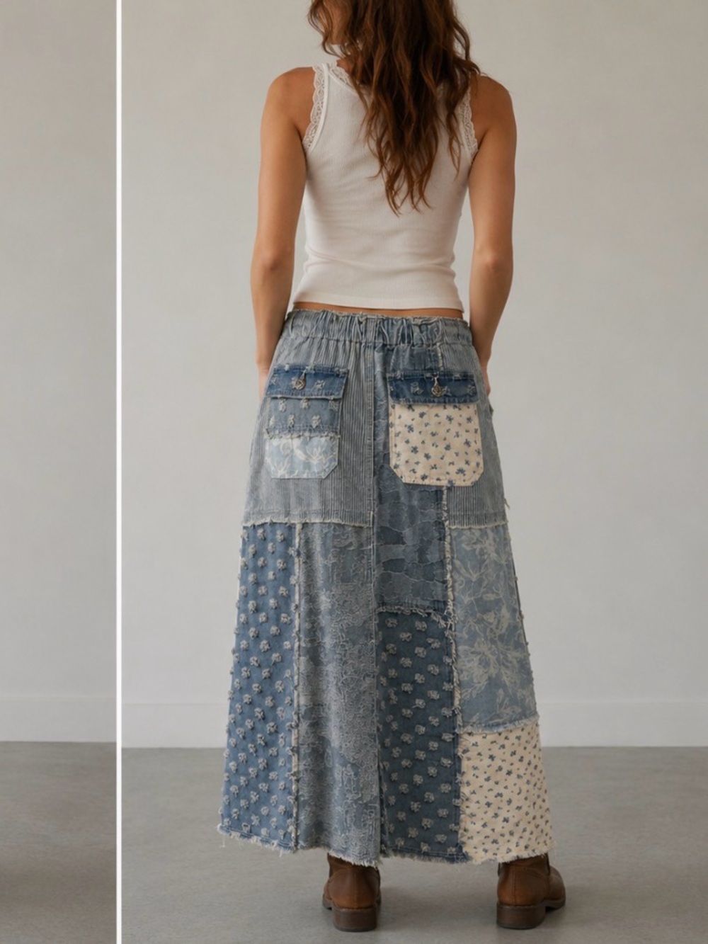 POL Denim Floral Print Patchwork Detail Maxi Skirt  Size S -NWOT - Picture 3 of 3